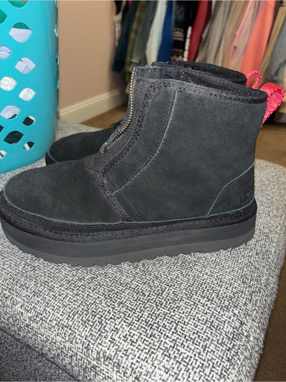 UGG Black Suede Front-Zip Short Boot with Pink Heel Loop